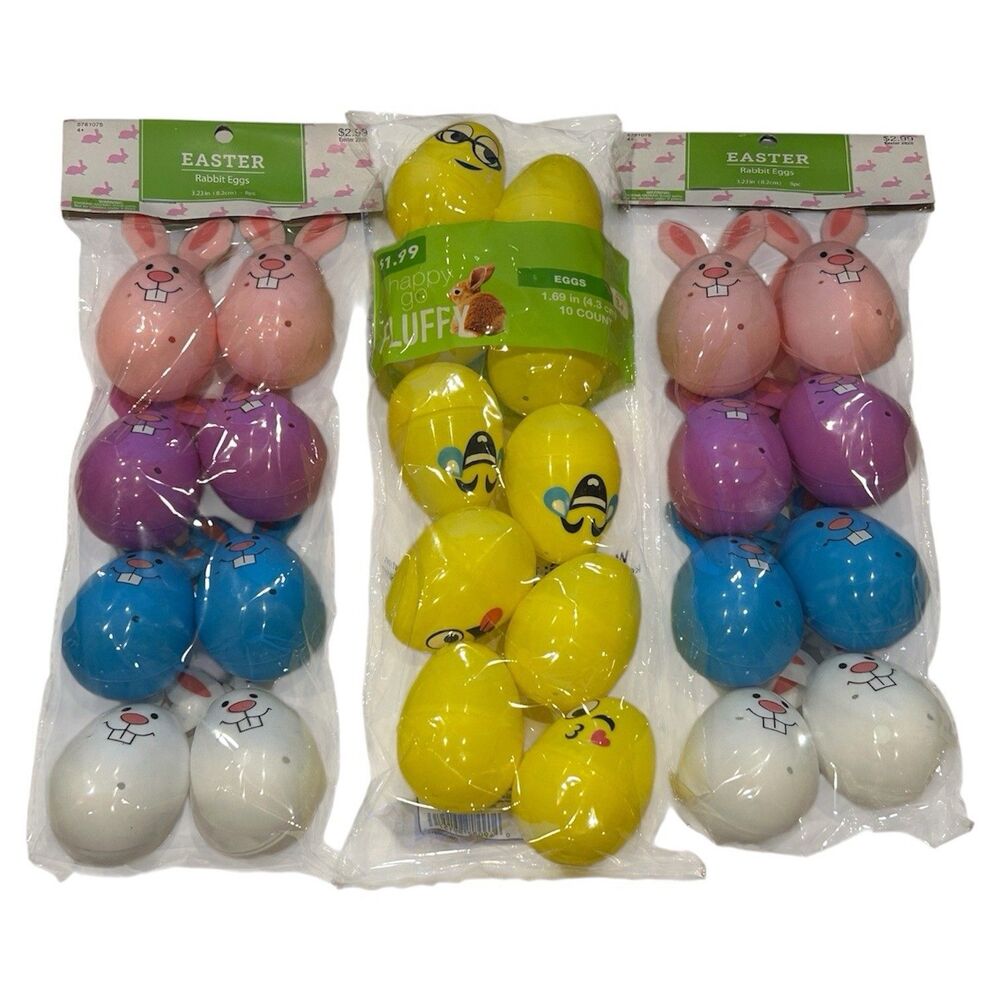 3x Multi-Colored Plastic Easter Bunny and Emoji Easter Eggs